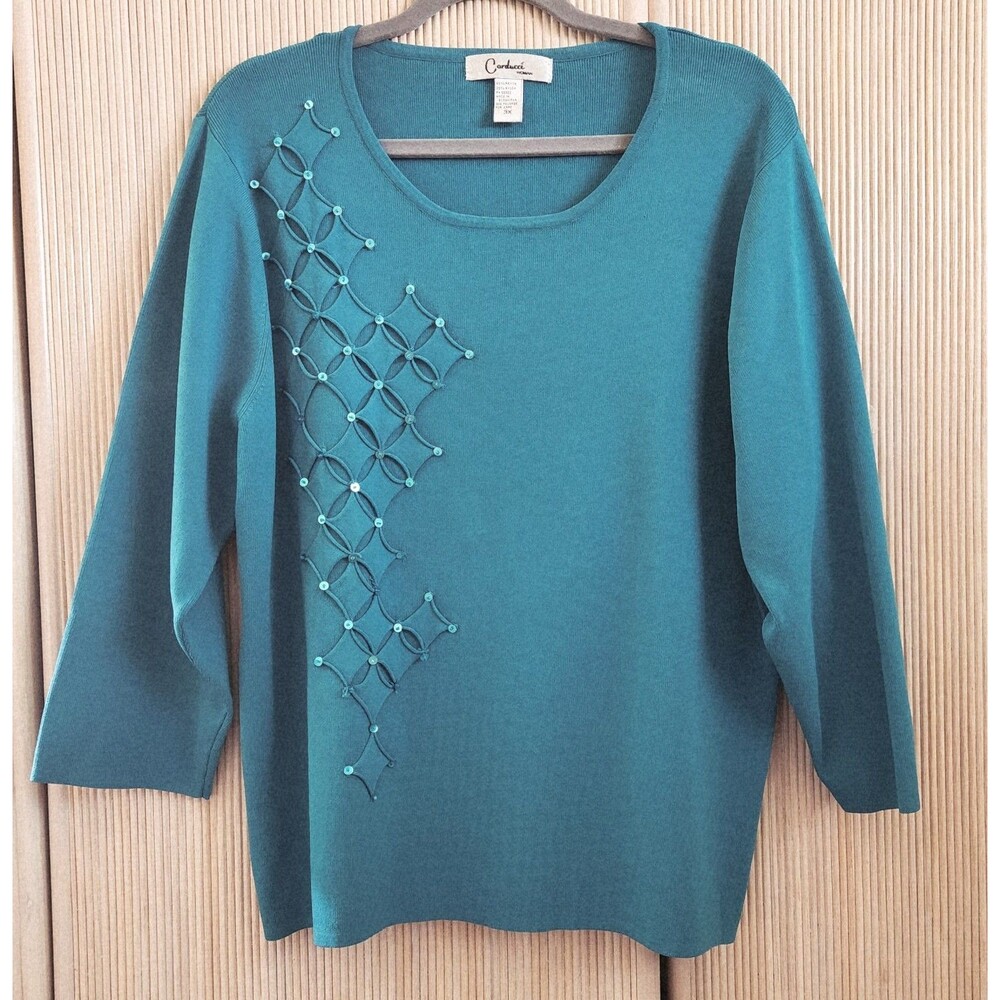 Carducci Women's Top Size 3X Blue Teal Classic Knit Sequin Detail Vintage EUC